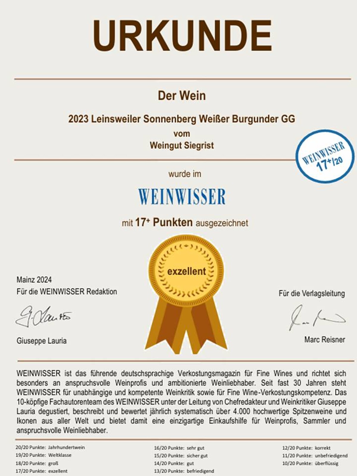 Weinwisser 2024 Weiße Burgunder | © Weingut Siegrist GdbR